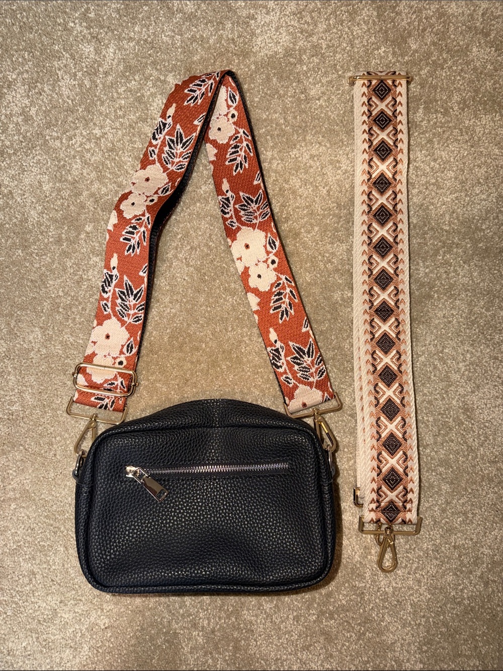 Black Pebbled Crossbody Bag with Removable Patterned Straps